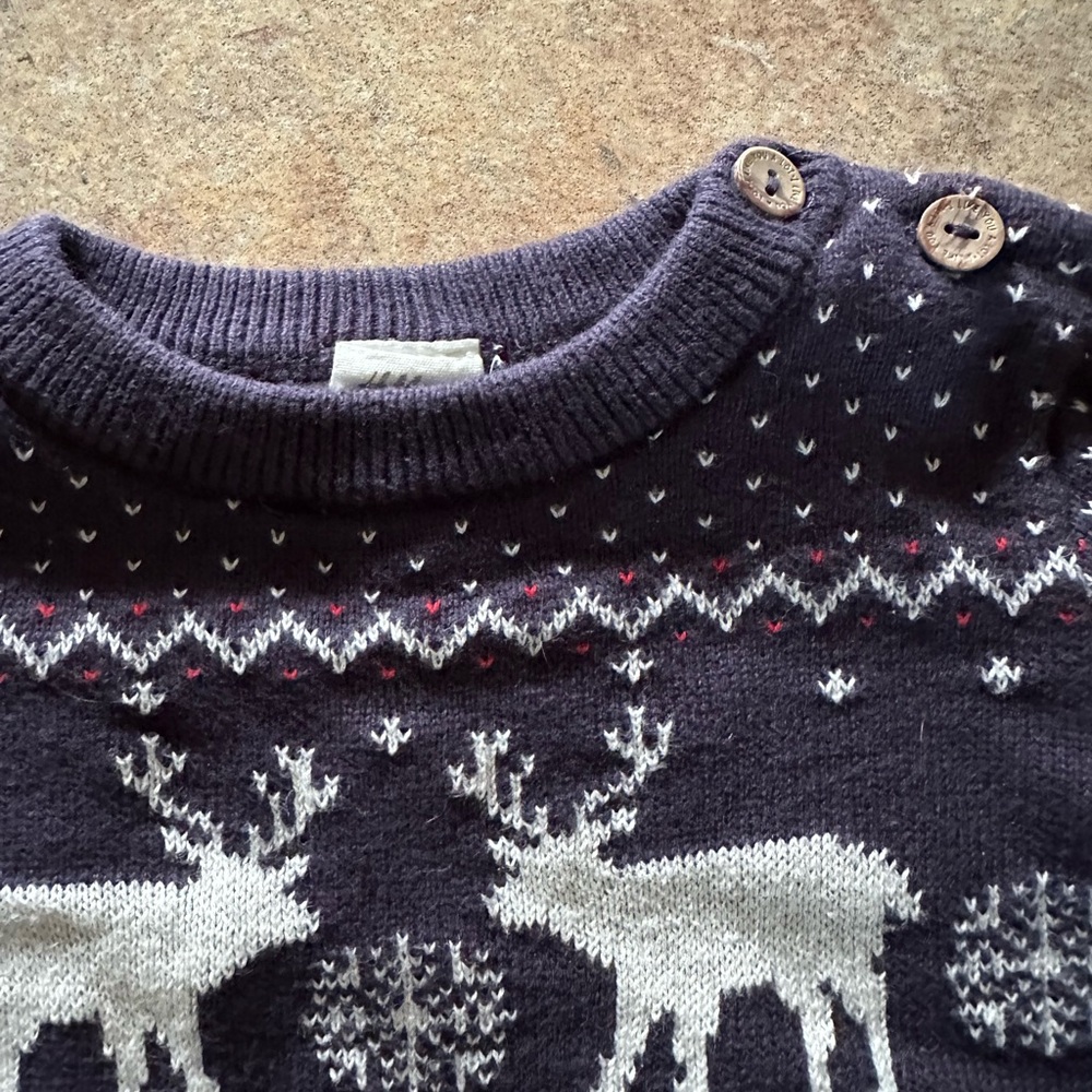H&M Navy Blue Kids Sweater with White Reindeer Pattern Cotton - Picture 3 of 5